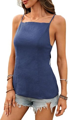 Women's Linen Spaghetti Tank Top Square Neck 100% Linen Back Tie Sleeveless Blouses Tops in Kuwait