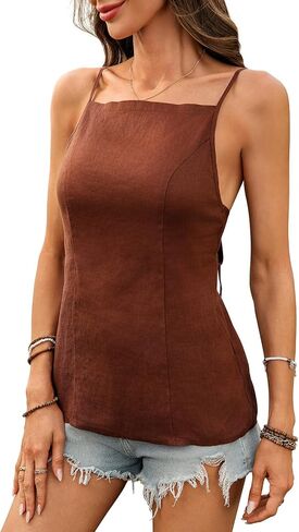 Women's Linen Spaghetti Tank Top Square Neck 100% Linen Back Tie Sleeveless Blouses Tops in Saudi Arabia