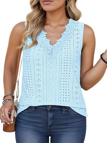 VISLILY Womens-Plus-Size-Tank-Tops Summer Floral Lace Trim V Neck Shirts Casual Sleeveless Blouses Cute Eyelet Tunics XL-5XL in Saudi Arabia