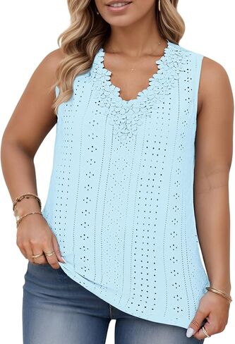 VISLILY Womens-Plus-Size-Tank-Tops Summer Floral Lace Trim V Neck Shirts Casual Sleeveless Blouses Cute Eyelet Tunics XL-5XL in Saudi Arabia