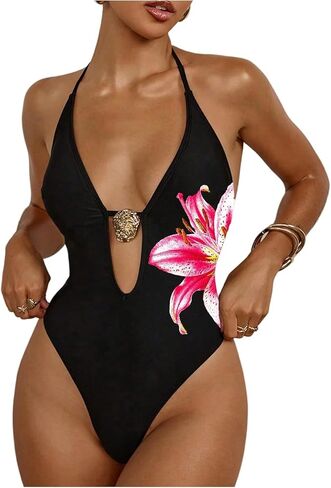 Wdirara Women's One Piece Swimsuit Floral Deep v Neck Halter Monokini Sexy Cutout High Cut Suit in Kuwait