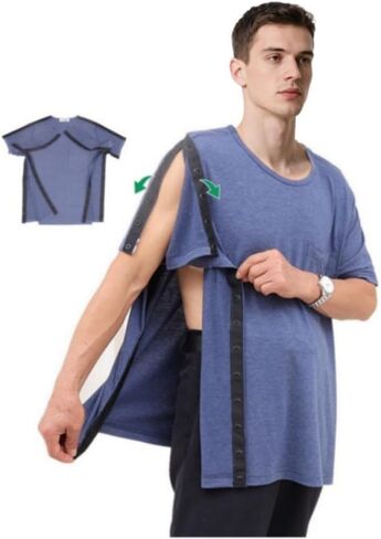 Unisex Post Shoulder Surgery Shirts,Tear Away Short Sleeve,Bedridden Patient Clothing,Right & Left Side Snaps Open,Full-Open T-Shirts(Man,Blue,L) in Saudi Arabia