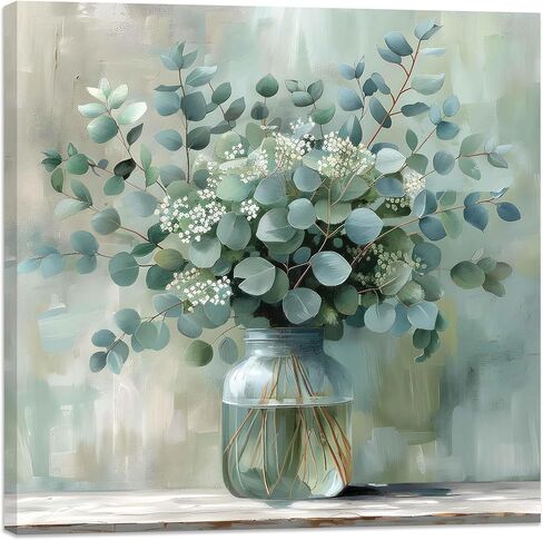 FWAHREN Botanical Eucalyptus Canvas Wall Art, Framed Sage Green Plant Prints Artwork, Farmhouse Wild Flower Pictures, Large Rustic Floral Wall Decor for Bathroom Living Room Bedroom Kitchen, 20x20in in Saudi Arabia