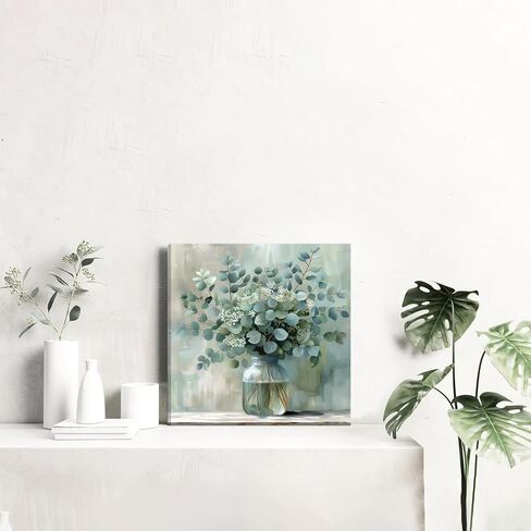 FWAHREN Botanical Eucalyptus Canvas Wall Art, Framed Sage Green Plant Prints Artwork, Farmhouse Wild Flower Pictures, Large Rustic Floral Wall Decor for Bathroom Living Room Bedroom Kitchen, 20x20in in Saudi Arabia