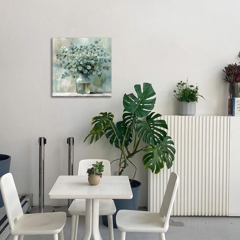 FWAHREN Botanical Eucalyptus Canvas Wall Art, Framed Sage Green Plant Prints Artwork, Farmhouse Wild Flower Pictures, Large Rustic Floral Wall Decor for Bathroom Living Room Bedroom Kitchen, 20x20in in Saudi Arabia