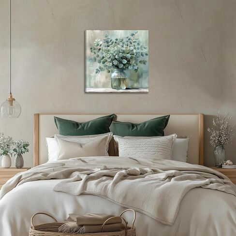FWAHREN Botanical Eucalyptus Canvas Wall Art, Framed Sage Green Plant Prints Artwork, Farmhouse Wild Flower Pictures, Large Rustic Floral Wall Decor for Bathroom Living Room Bedroom Kitchen, 20x20in in Saudi Arabia