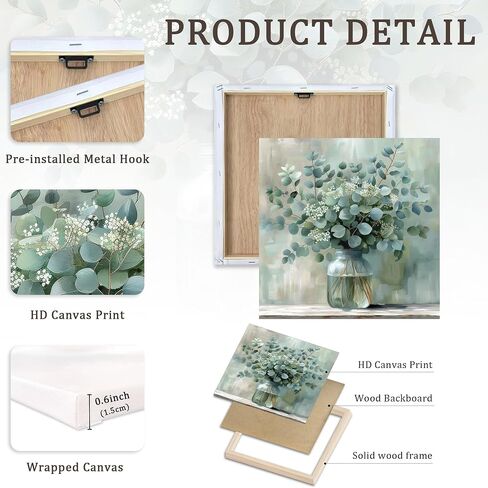 FWAHREN Botanical Eucalyptus Canvas Wall Art, Framed Sage Green Plant Prints Artwork, Farmhouse Wild Flower Pictures, Large Rustic Floral Wall Decor for Bathroom Living Room Bedroom Kitchen, 20x20in in Saudi Arabia
