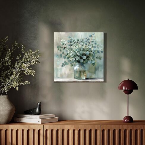 FWAHREN Botanical Eucalyptus Canvas Wall Art, Framed Sage Green Plant Prints Artwork, Farmhouse Wild Flower Pictures, Large Rustic Floral Wall Decor for Bathroom Living Room Bedroom Kitchen, 20x20in in Saudi Arabia