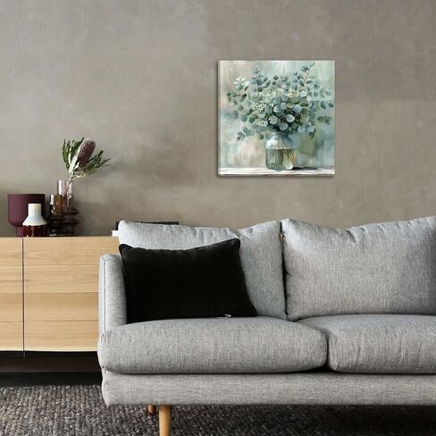 FWAHREN Botanical Eucalyptus Canvas Wall Art, Framed Sage Green Plant Prints Artwork, Farmhouse Wild Flower Pictures, Large Rustic Floral Wall Decor for Bathroom Living Room Bedroom Kitchen, 20x20in in Saudi Arabia