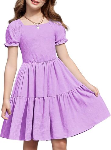 Arshiner Girls Summer Dress Bud Back Short Square Square Neck Tiered Midi Dresses مع جيوب in Saudi Arabia