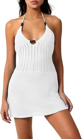 Women Y2k Sexy Halter Backless Tie-up Mini Dress Knit Crochet Cutout Cover up Beach Club Streetwear in Kuwait