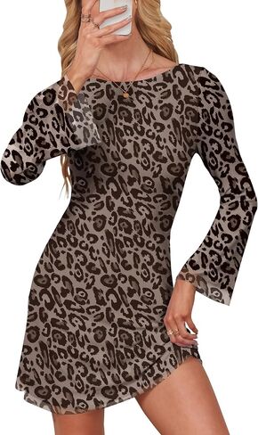 Caracilia Women Bell Long Sleeve Mini Dress Mesh Boat Neck Print Date Night Y2k Going Out Bodycon Club Party Short Dresses in Saudi Arabia