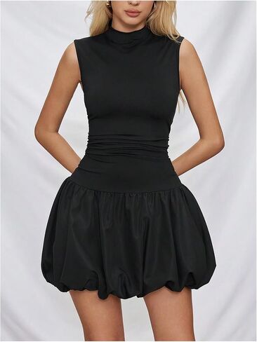 WDIRARA Women's Mock Neck Sleeveless Tank Dress Bubble Sundress Puffy Mini Dresses in Saudi Arabia