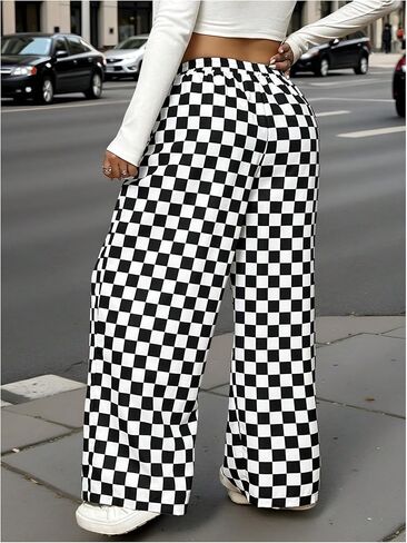 WDIRARA Women's Plus Size Checkered Baggy Pants High Waisted Wide Leg Trousers with Pockets in Saudi Arabia