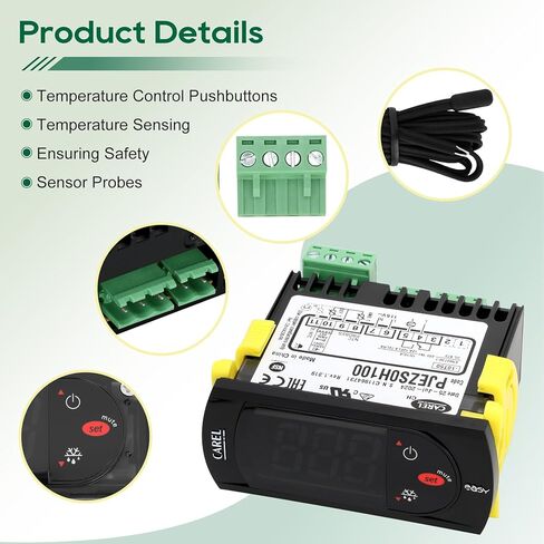 Carel Temperature Controller PJEZS0H100, Digital Thermostat with Temperature Sensor Probe, 115V, Compatible with Carel and All Refrigerator Types, Mounting Hardware and Instructions, Original OEM in Kuwait