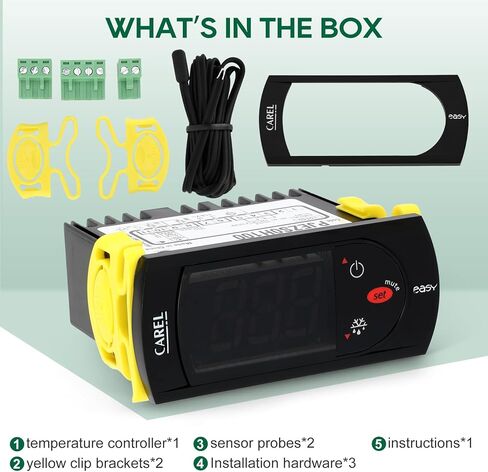 Carel Temperature Controller PJEZS0H100, Digital Thermostat with Temperature Sensor Probe, 115V, Compatible with Carel and All Refrigerator Types, Mounting Hardware and Instructions, Original OEM in Kuwait