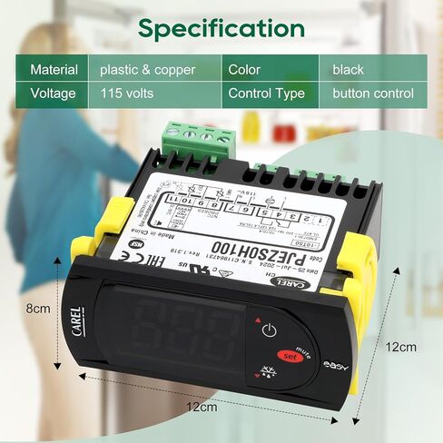 Carel Temperature Controller PJEZS0H100, Digital Thermostat with Temperature Sensor Probe, 115V, Compatible with Carel and All Refrigerator Types, Mounting Hardware and Instructions, Original OEM in Kuwait