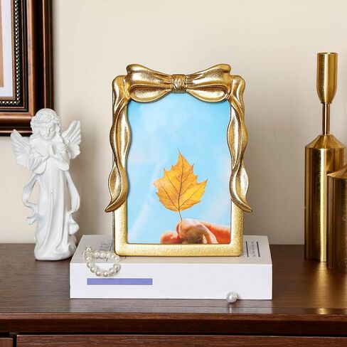 Geelin Bow Gold Picture Frame Vintage 5" x 7" Antique Baroque Ornate Resin Rectangle Oval Retro Photo Frame with Glass Front Bowknot for Home Wedding Tabletop and Wall Hanging Decor in Saudi Arabia