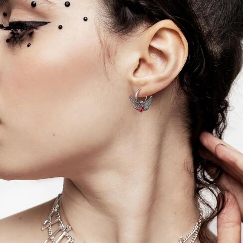 HZMAN Wings Earring for Women Stainless Steel Gothic Retro Angel Wing Dangle Earring Lightweight Huggie Hinged Hoop Earrings Jewelry Gift in Saudi Arabia