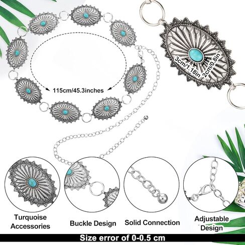 junkin 2 PCS Women Concho Western Chain Belts turquoise Chain Antique Western Western Country Metal Belt (Green ، Blue) in Saudi Arabia