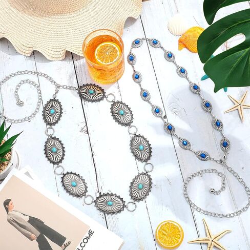 junkin 2 PCS Women Concho Western Chain Belts turquoise Chain Antique Western Western Country Metal Belt (Green ، Blue) in Saudi Arabia