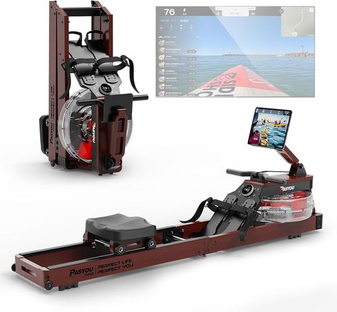 PASYOU Water Rowing Machines for Home Oak Wood Foldable Rower Machine 330LB Weight Capacity, 6 Levels Adjustable Row Machines with Monitor & Device Holder & 14L Tank, Bluetooth with Kinomap APP in Saudi Arabia