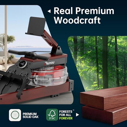 PASYOU Water Rowing Machines for Home Oak Wood Foldable Rower Machine 330LB Weight Capacity, 6 Levels Adjustable Row Machines with Monitor & Device Holder & 14L Tank, Bluetooth with Kinomap APP in Saudi Arabia