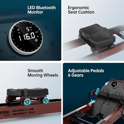 PASYOU Water Rowing Machines for Home Oak Wood Foldable Rower Machine 330LB Weight Capacity, 6 Levels Adjustable Row Machines with Monitor & Device Holder & 14L Tank, Bluetooth with Kinomap APP in Saudi Arabia