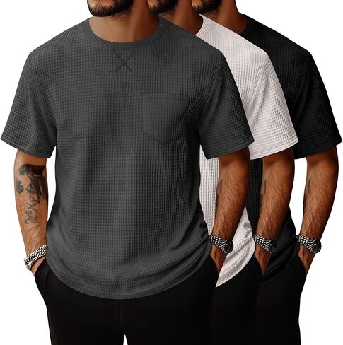 Riyiper 3 Pack Men Men's Disual Waffle T Shirts Summer Crewneck Tops Tops Basic Vintage Knit Tee مع جيب in Saudi Arabia