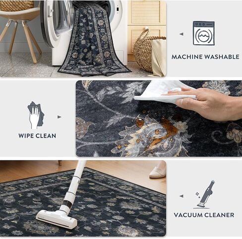 Vintage Floral Dark Green Area Rug 6x9, Ultra Thin Washable Rugs for Living Room Bedroom, Boho Stain Resistant Dining Room Rug, Soft Large Green Carpet for Farmhouse Foyer in Kuwait