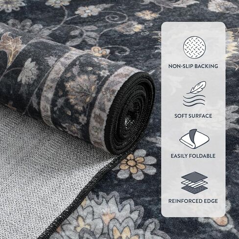 Vintage Floral Dark Green Area Rug 6x9, Ultra Thin Washable Rugs for Living Room Bedroom, Boho Stain Resistant Dining Room Rug, Soft Large Green Carpet for Farmhouse Foyer in Kuwait