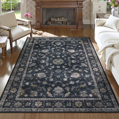 Vintage Floral Dark Green Area Rug 6x9, Ultra Thin Washable Rugs for Living Room Bedroom, Boho Stain Resistant Dining Room Rug, Soft Large Green Carpet for Farmhouse Foyer in Kuwait