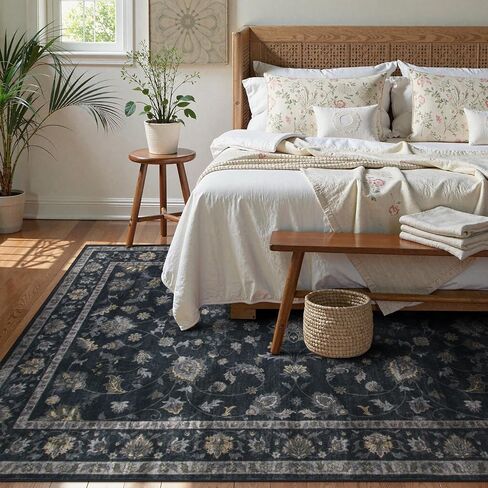 Vintage Floral Dark Green Area Rug 6x9, Ultra Thin Washable Rugs for Living Room Bedroom, Boho Stain Resistant Dining Room Rug, Soft Large Green Carpet for Farmhouse Foyer in Kuwait