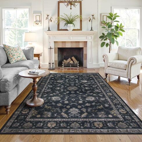 Vintage Floral Dark Green Area Rug 6x9, Ultra Thin Washable Rugs for Living Room Bedroom, Boho Stain Resistant Dining Room Rug, Soft Large Green Carpet for Farmhouse Foyer in Kuwait