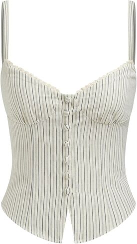 CIDER Tank Top Striped Shirred Cami Top Sweetheart Neck Sleeveless Button Down Blouse Shirts for Women in Saudi Arabia