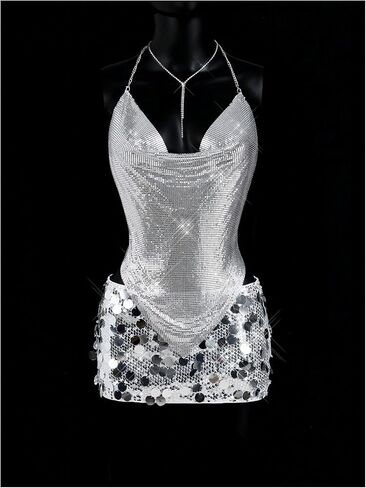 SHENHE Women's Sexy Sparkly Halter Top Sequin Rhinestone Open Back Cowl Neck Chain Clubwear Rave Tops in Saudi Arabia