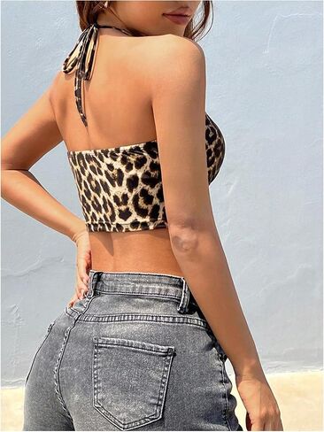 Oyoangle Leopard Leopard Printless Side Back Back Halter Tops Deep V Neck Bruct Cami Tops in Saudi Arabia