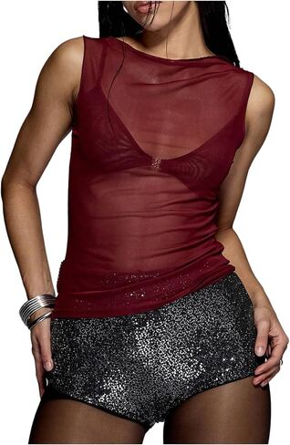 Women's Sheer Mesh Tank Top Sleeveless Slim Fit Fitted Summer Shirts Going Out Tops in Saudi Arabia
