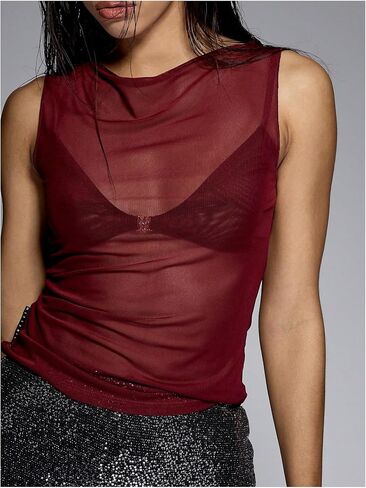 Women's Sheer Mesh Tank Top Sleeveless Slim Fit Fitted Summer Shirts Going Out Tops in Saudi Arabia