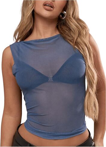 Women's Sheer Mesh Tank Top Sleeveless Slim Fit Fitted Summer Shirts Going Out Tops in Saudi Arabia