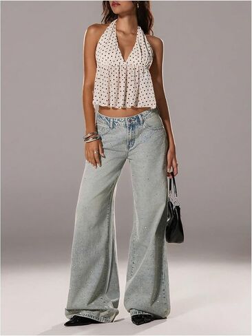Milumia Women's Polka Dots Deep v الرقبة الرسن أعلى ربطة عنق عارية الظهر قميص خزان محصول Peplum Peplum in Saudi Arabia