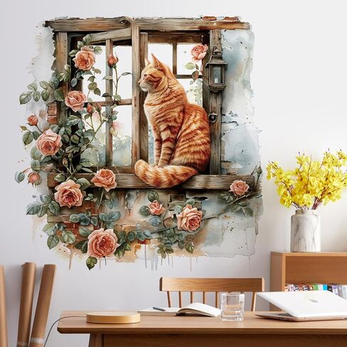 Flower Fake Window Wall Sticker Cute Cat Floral Wall Decals Peel and Stick Vintage Peony Rose Faux Window Decor Kawaii Kitten Decal for Kids Girls Room Bedroom Living Room ZDB34 in Saudi Arabia