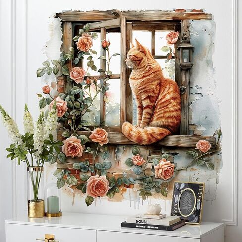 Flower Fake Window Wall Sticker Cute Cat Floral Wall Decals Peel and Stick Vintage Peony Rose Faux Window Decor Kawaii Kitten Decal for Kids Girls Room Bedroom Living Room ZDB34 in Saudi Arabia