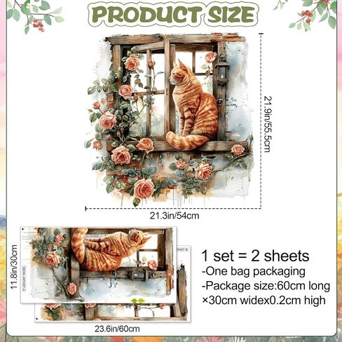 Flower Fake Window Wall Sticker Cute Cat Floral Wall Decals Peel and Stick Vintage Peony Rose Faux Window Decor Kawaii Kitten Decal for Kids Girls Room Bedroom Living Room ZDB34 in Saudi Arabia