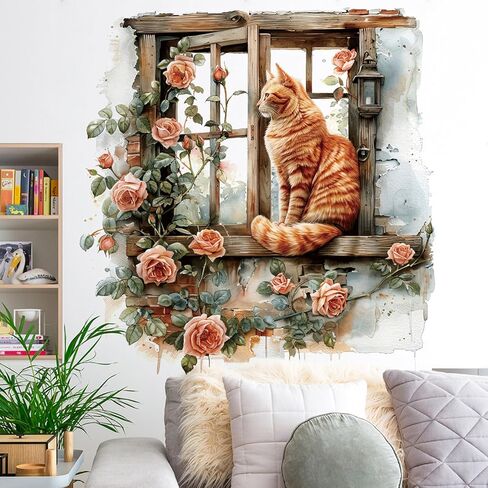 Flower Fake Window Wall Sticker Cute Cat Floral Wall Decals Peel and Stick Vintage Peony Rose Faux Window Decor Kawaii Kitten Decal for Kids Girls Room Bedroom Living Room ZDB34 in Saudi Arabia