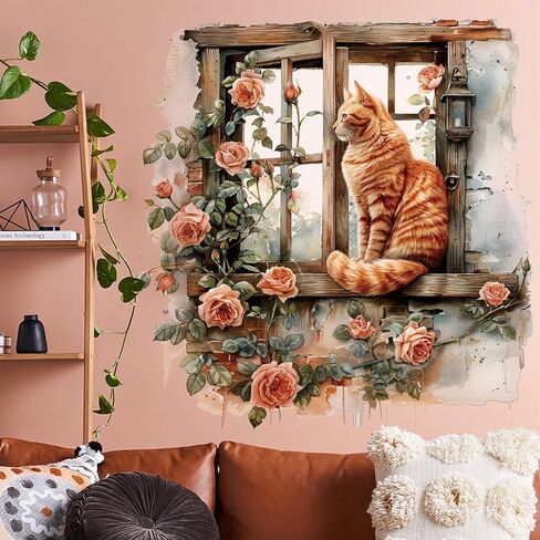 Flower Fake Window Wall Sticker Cute Cat Floral Wall Decals Peel and Stick Vintage Peony Rose Faux Window Decor Kawaii Kitten Decal for Kids Girls Room Bedroom Living Room ZDB34 in Saudi Arabia