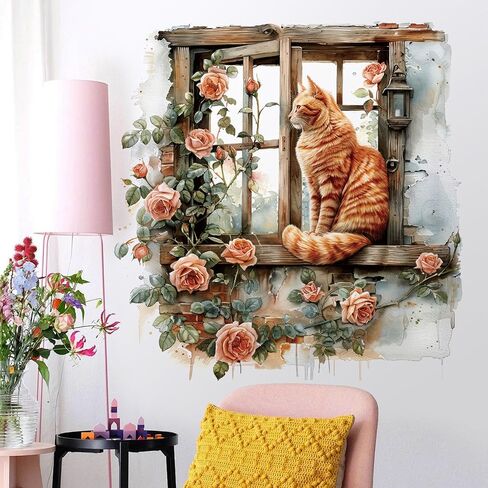 Flower Fake Window Wall Sticker Cute Cat Floral Wall Decals Peel and Stick Vintage Peony Rose Faux Window Decor Kawaii Kitten Decal for Kids Girls Room Bedroom Living Room ZDB34 in Saudi Arabia