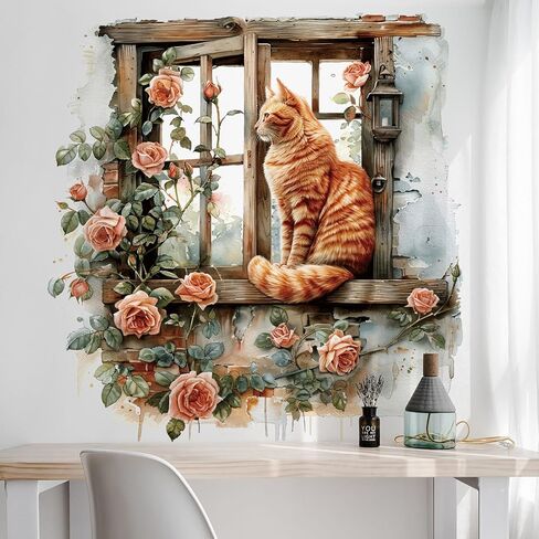 Flower Fake Window Wall Sticker Cute Cat Floral Wall Decals Peel and Stick Vintage Peony Rose Faux Window Decor Kawaii Kitten Decal for Kids Girls Room Bedroom Living Room ZDB34 in Saudi Arabia