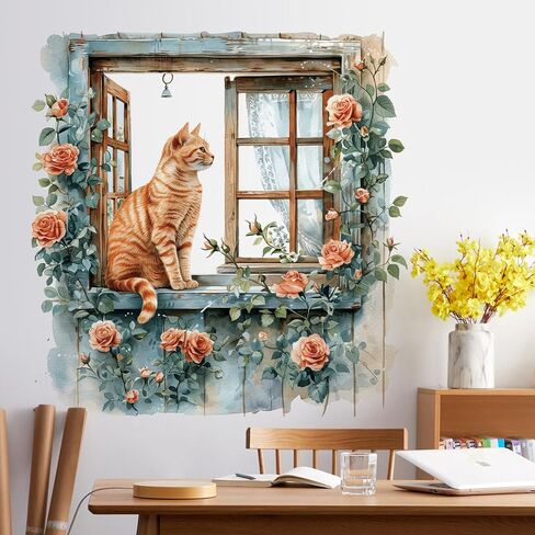 Flower Fake Window Wall Sticker Cute Cat Floral Wall Decals Peel and Stick Vintage Peony Rose Faux Window Decor Kawaii Kitten Decal for Kids Girls Room Bedroom Living Room ZDB34 in Saudi Arabia