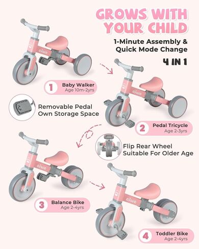 دراجة ثلاثية العجلات aiwo 4in1 للأطفال الصغار 1-3، دراجة توازن للأطفال الصغار من عمر 1 إلى 4 سنوات للأولاد والبنات هدية أولى، ألعاب ركوب للأطفال الصغار دراجة ثلاثية العجلات للأطفال in Kuwait